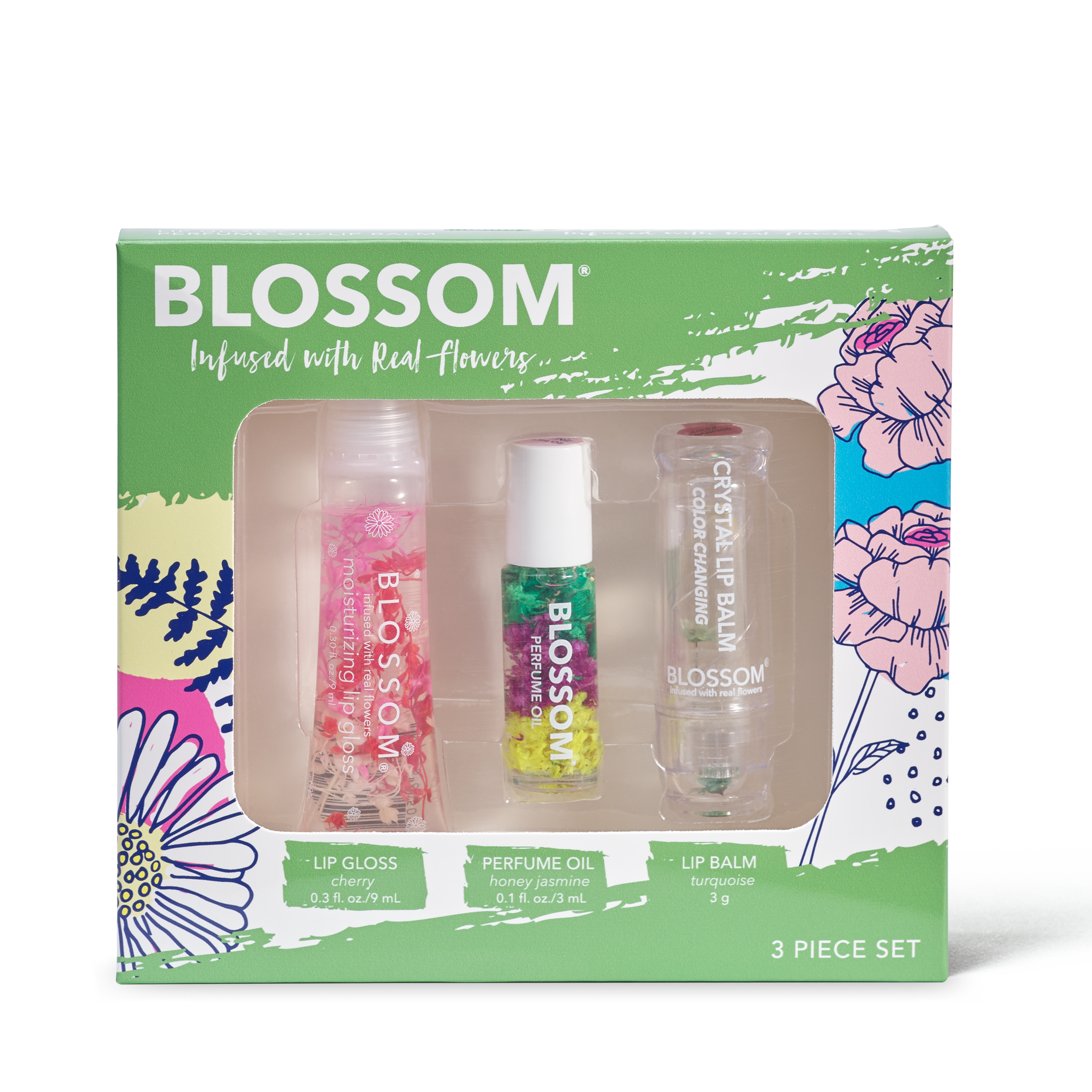 Blossom 3 Piece Set - Moisturizing Lip Gloss, Mini Roll-on Perfume Oil, Color-Changing Lip Balm - BL-GS8