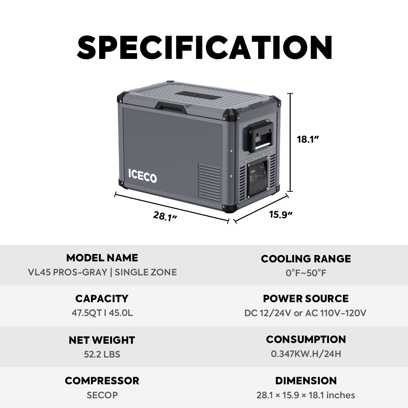 ICECO47.5QT VL45ProD-Gray Dual Zone Upgrade Portable Fridge Freezer - VL45ProD-Gray