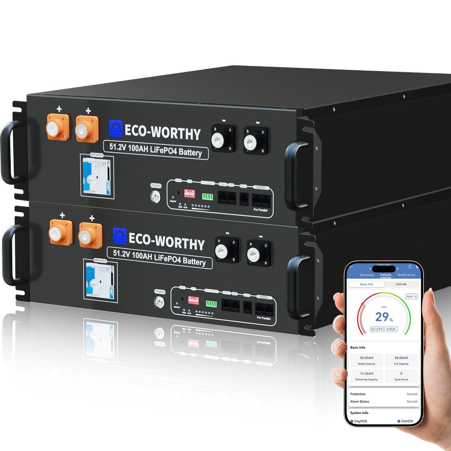 ECO-WORTHY 48V 100Ah Server Rack Battery | 5.12kWh V3 Lithium Battery | UL1973 | UL9540A | CEC - L13SR48100BV3.0-1