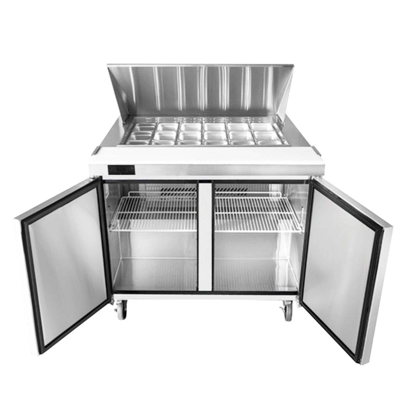 Frigos 48" Two Door Mega Top Refrigerator Sandwich Prep Table (18) 1/6 size pans - FGA-SPT-18P-48-MT