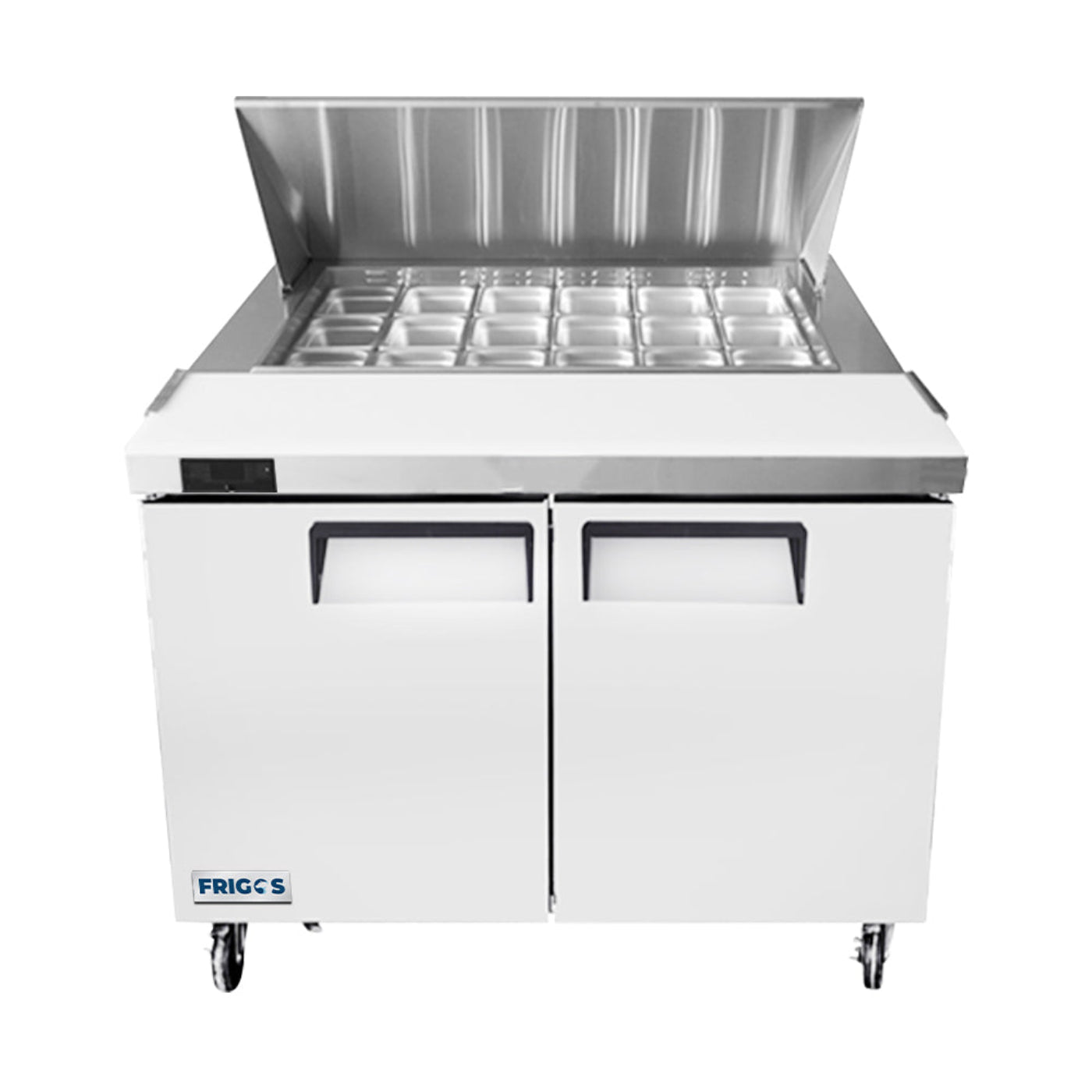 Frigos 48" Two Door Mega Top Refrigerator Sandwich Prep Table (18) 1/6 size pans - FGA-SPT-18P-48-MT