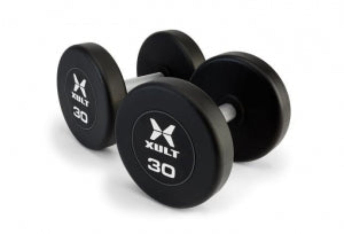 Johnson Health Tech XULT Urethane Round Dumbbells - XULT Urethane Round Dumbbell Pair, Black Plus, 45 lb. - XT-045URE-RND-P