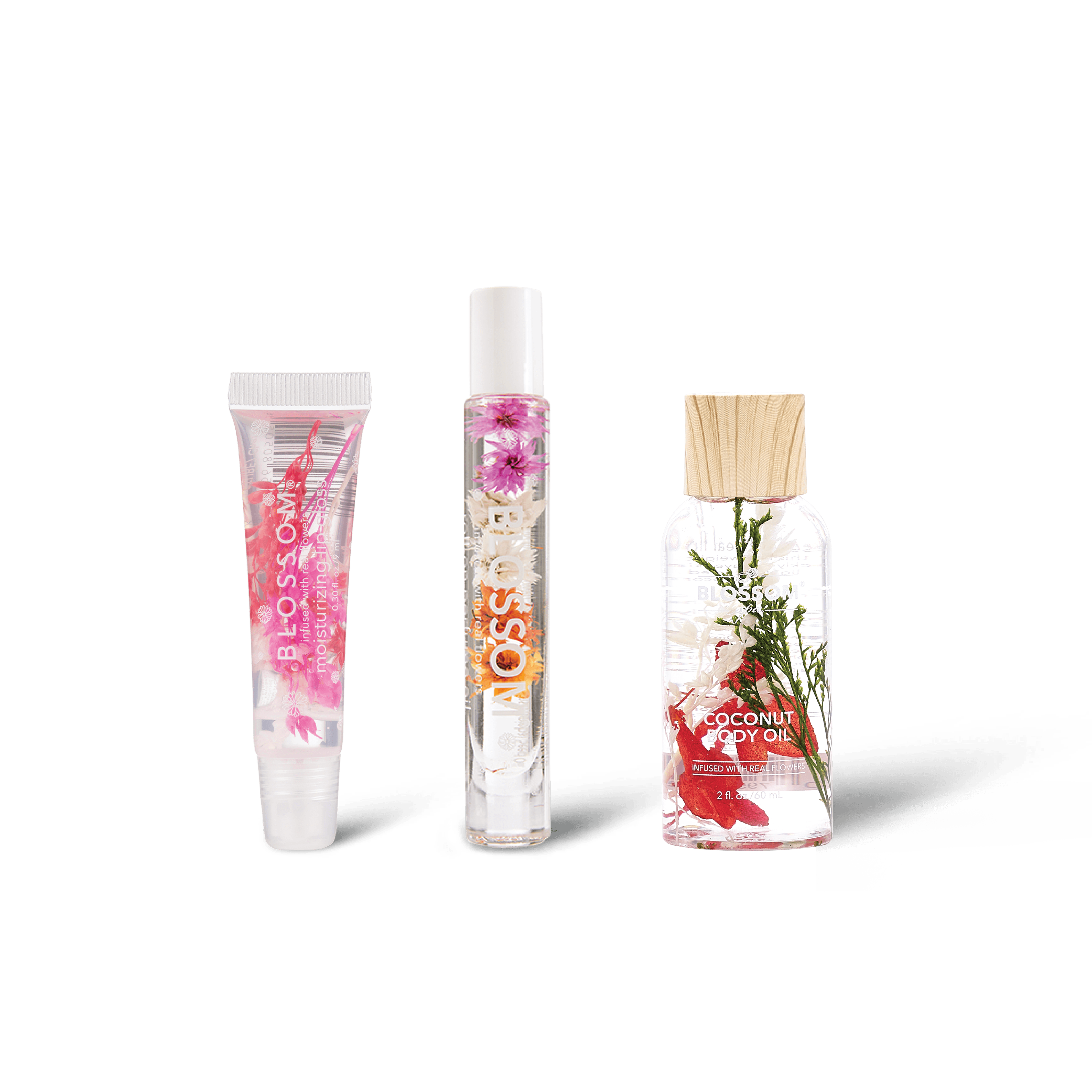 Blossom Sunset Sensation - Moisturizing Lip Gloss Tube, Roll-On Perfume Oil, and Coconut Body Oil - BL-BUNDLEMIX5