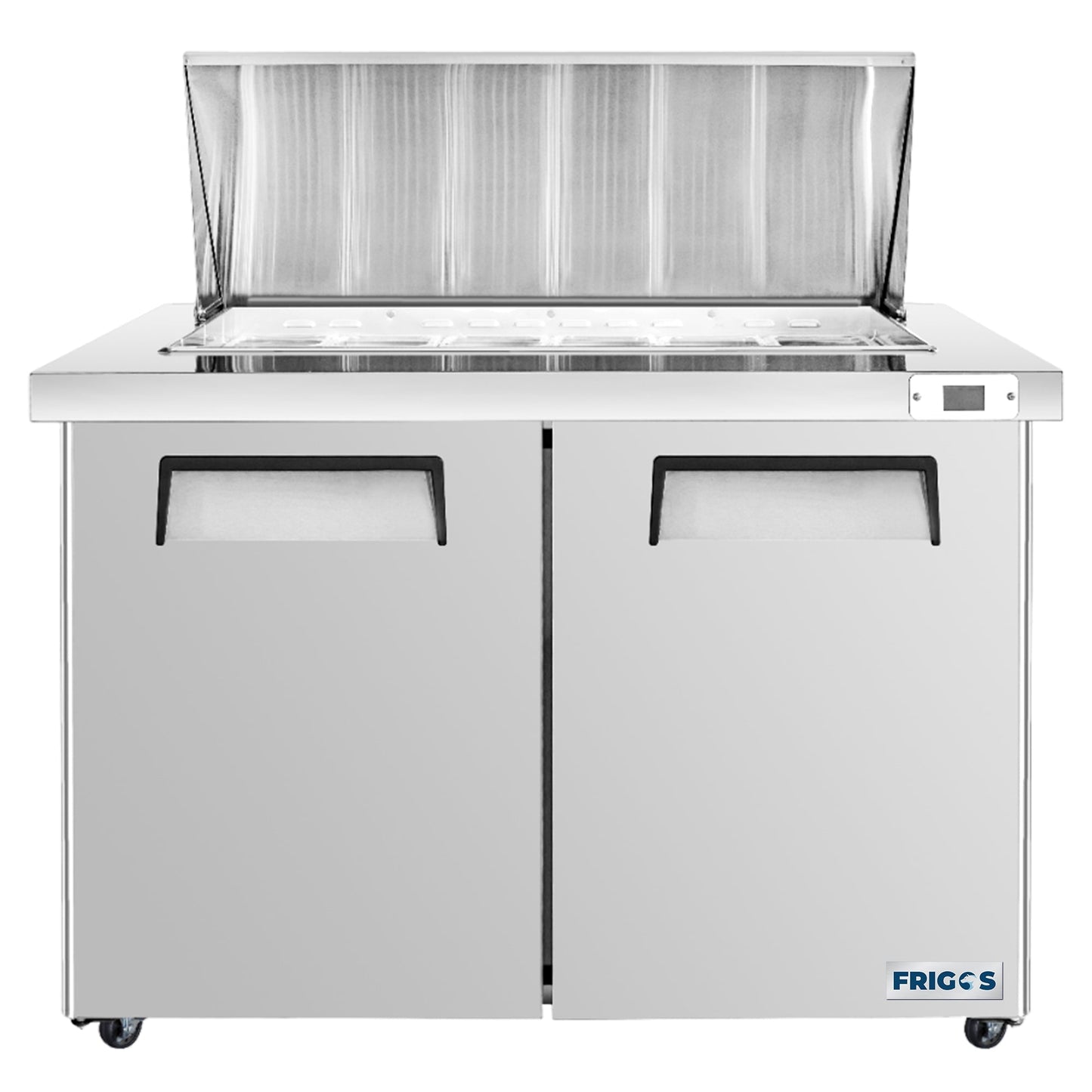 Frigos Sandwich and Salad Prep Table Refrigerator 48" Width 2 Door Mega Top with Aluminum Interior with 304 Stainless Steel Floor - FG-SWPT-48-MT