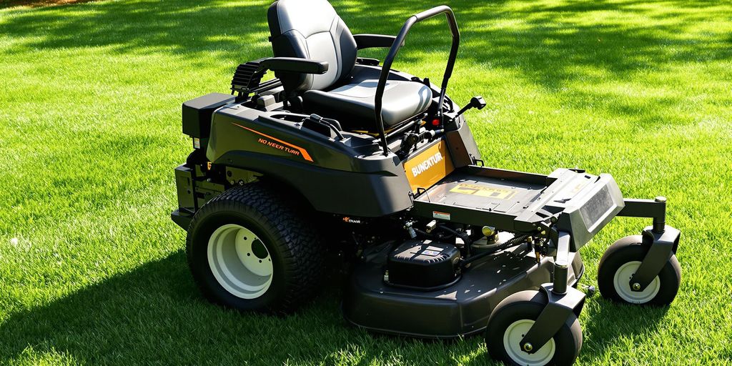 Zero turn lawn mower on green grass in sunlight.