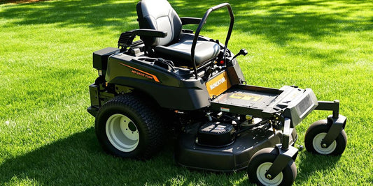 Zero turn lawn mower on green grass in sunlight.