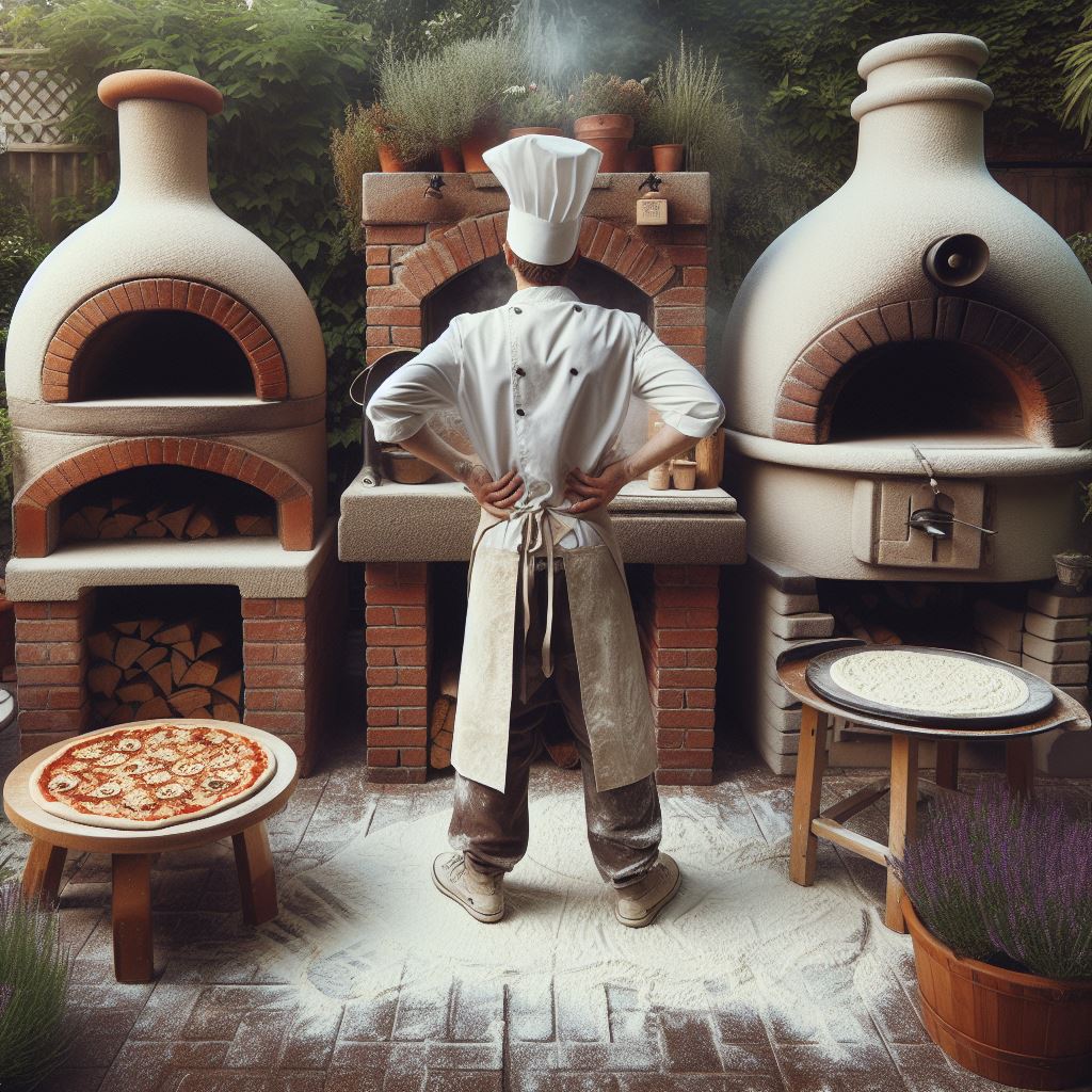 Chef stands. Around him, three pizza ovens Brick, Refractory, and metal.