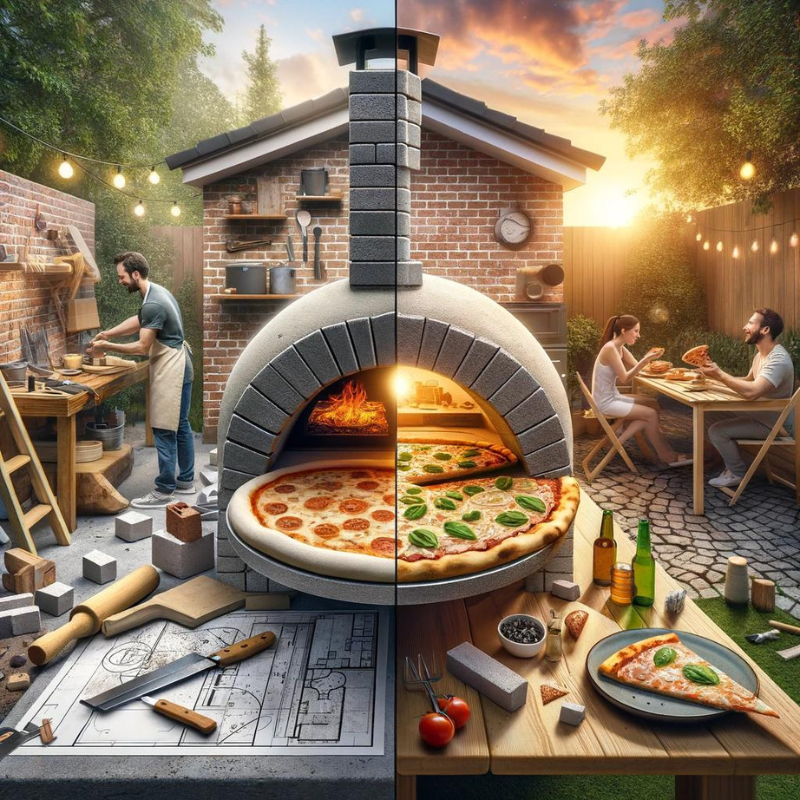 split-themed image of DIY and preassembled pizza oven scenes in a backyard setting