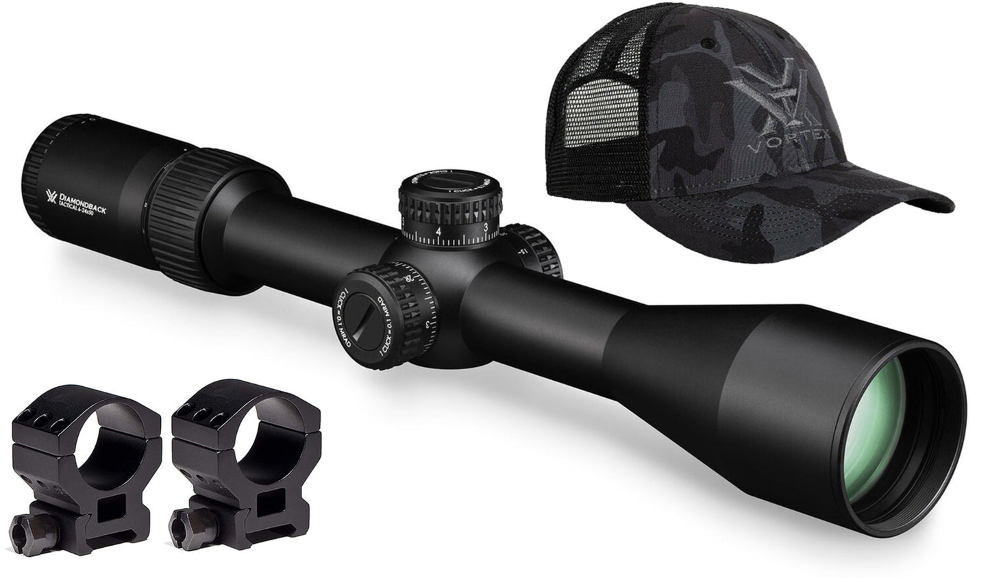 Vortex Optics Diamondback Tactical 6-24x50 FFP EBR-2C (MRAD) Reticle Riflescope with Wearable4U Bundle - DBK-10029_TRH-2Pk_121-53-BCA