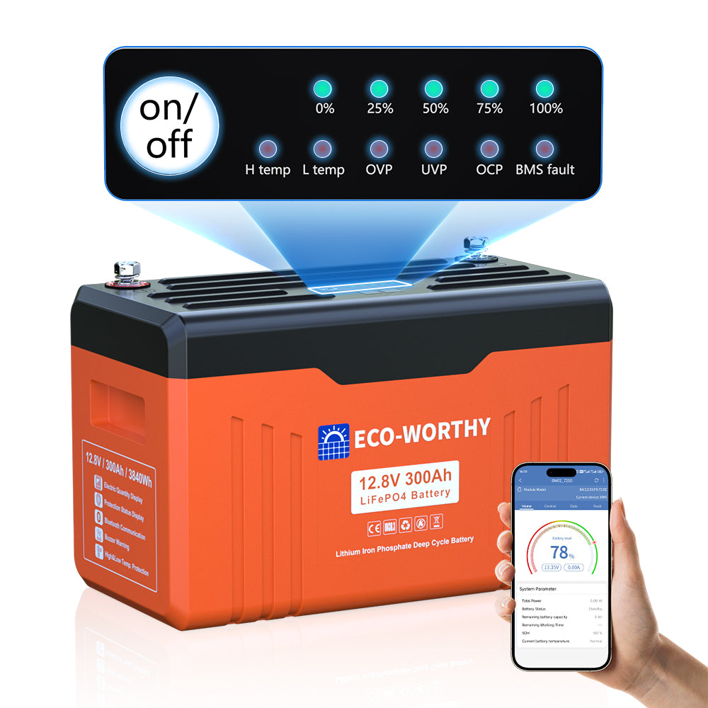 ECO-WORTHY 12V 300AH Lifepo4 Lithium Battery Bluetooth with SOC LEDs and Low Temp Protection - ‎US-L13080202127-1A