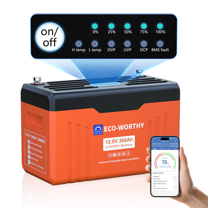 ECO-WORTHY 12V 300AH Lifepo4 Lithium Battery Bluetooth with SOC LEDs and Low Temp Protection - ‎US-L13080202127-1A