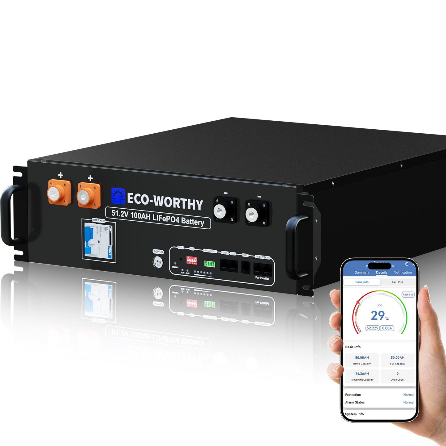 B2B-ECO-WORTHY 48V 100Ah Server Rack Battery | 5.12kWh V3 Lithium Battery | UL1973 | UL9540A | 10-Year Warranty - L13SR48100BV3.0-1