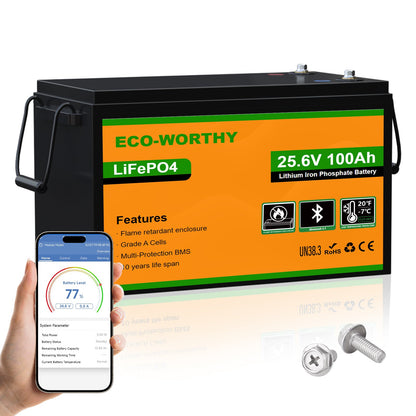 ECO-WORTHY 24V 100Ah LiFePO4 Lithium Battery, Upgraded Bluetooth Version, Deep Cycle Rechargeable Battery with Low-Temp Protection - US-L13070402010-1