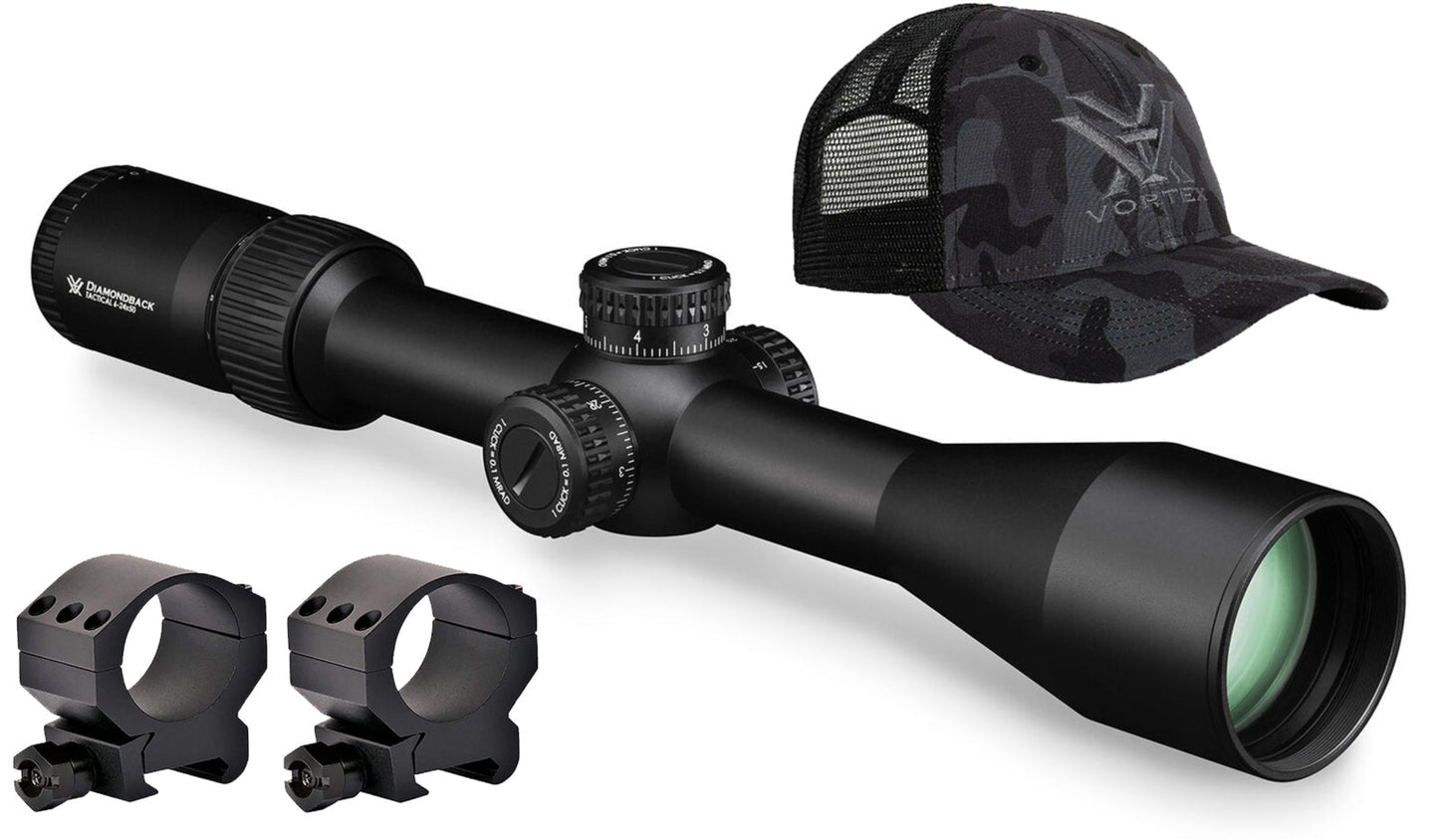Vortex Optics Diamondback Tactical 6-24x50 FFP EBR-2C (MRAD) Reticle Riflescope with Wearable4U Bundle - DBK-10029_TRH-2Pk_121-53-BCA