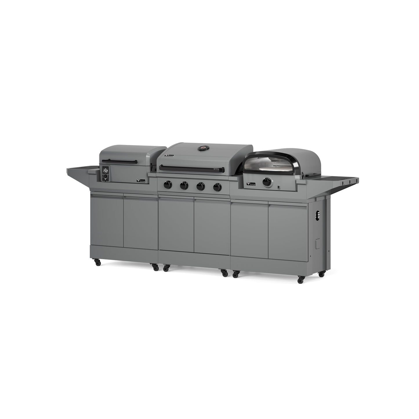 TYTUS Modular Grilling Collection 4-Burner Gas Grill, Pellet Smoker with Cart and Pizza Oven with Cart - TDT-BUN-008
