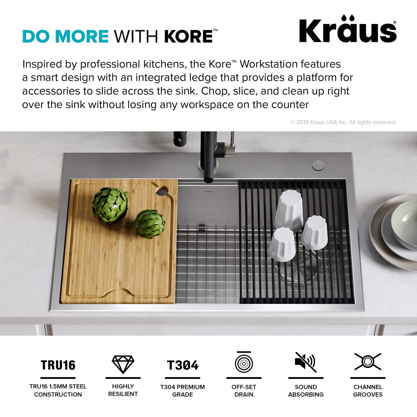 KRAUS Kore 30" Drop-In Workstation 16 Gauge Stainless Steel Single Bowl Kitchen Sink with Accessories - KWT310-30
