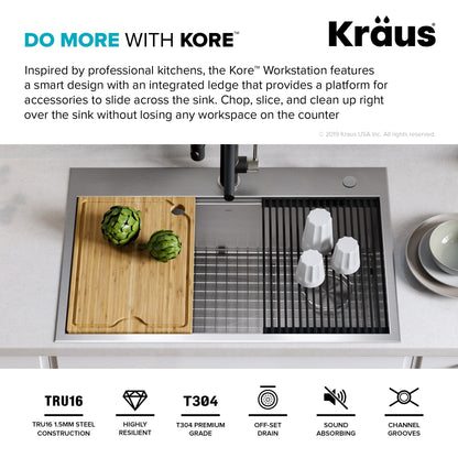 KRAUS Kore 30" Drop-In Workstation 16 Gauge Stainless Steel Single Bowl Kitchen Sink with Accessories - KWT310-30