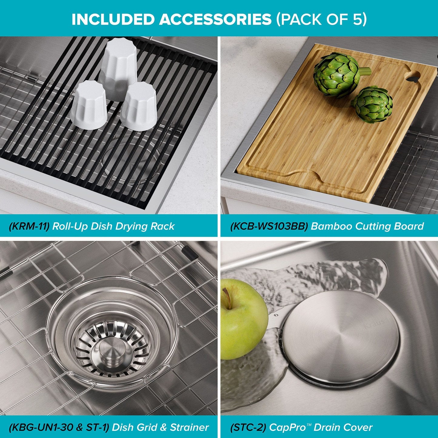 KRAUS Kore 30" Drop-In Workstation 16 Gauge Stainless Steel Single Bowl Kitchen Sink with Accessories - KWT310-30