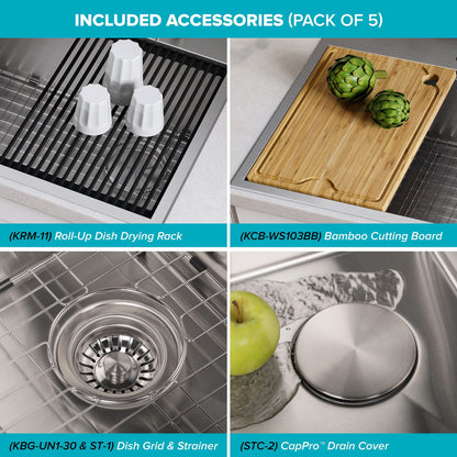 KRAUS Kore 30" Drop-In Workstation 16 Gauge Stainless Steel Single Bowl Kitchen Sink with Accessories - KWT310-30