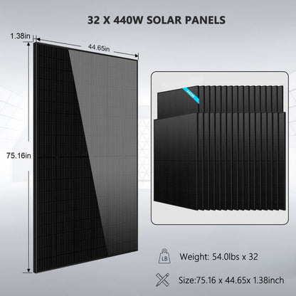 Sungold Power OFF GRID SOLAR KIT 20KW 48VDC 120V/240V LIFEPO4 30.72KWH LITHIUM BATTERY 32 X 440 WATTS SOLAR PANELS SGR-20K30E