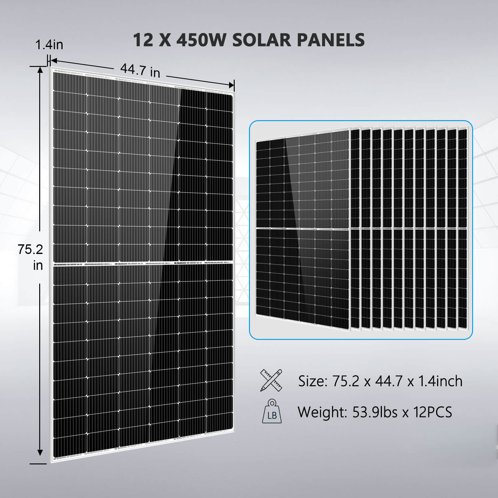 Sun Gold Off Grid Solar Kit 10000W 48VDC 120V/240V LifePO4 20.48KWH Lithium Battery 12 X 450 Watts Solar Panels SGR-10K2M