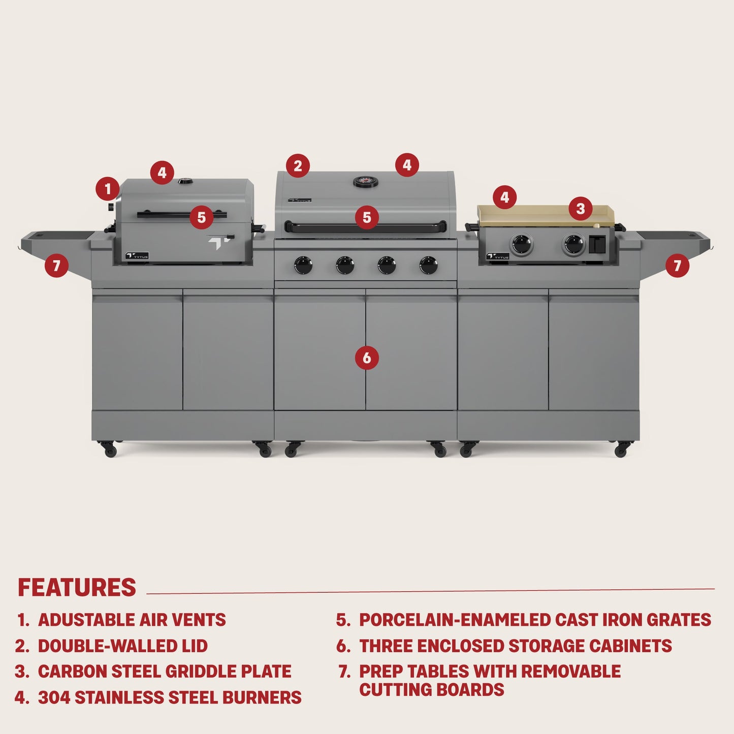 TYTUS Modular Grilling Collection 4-Burner Gas Grill, Charcoal Grill with Cart and Gas Griddle with Cart - TDT-BUN-010