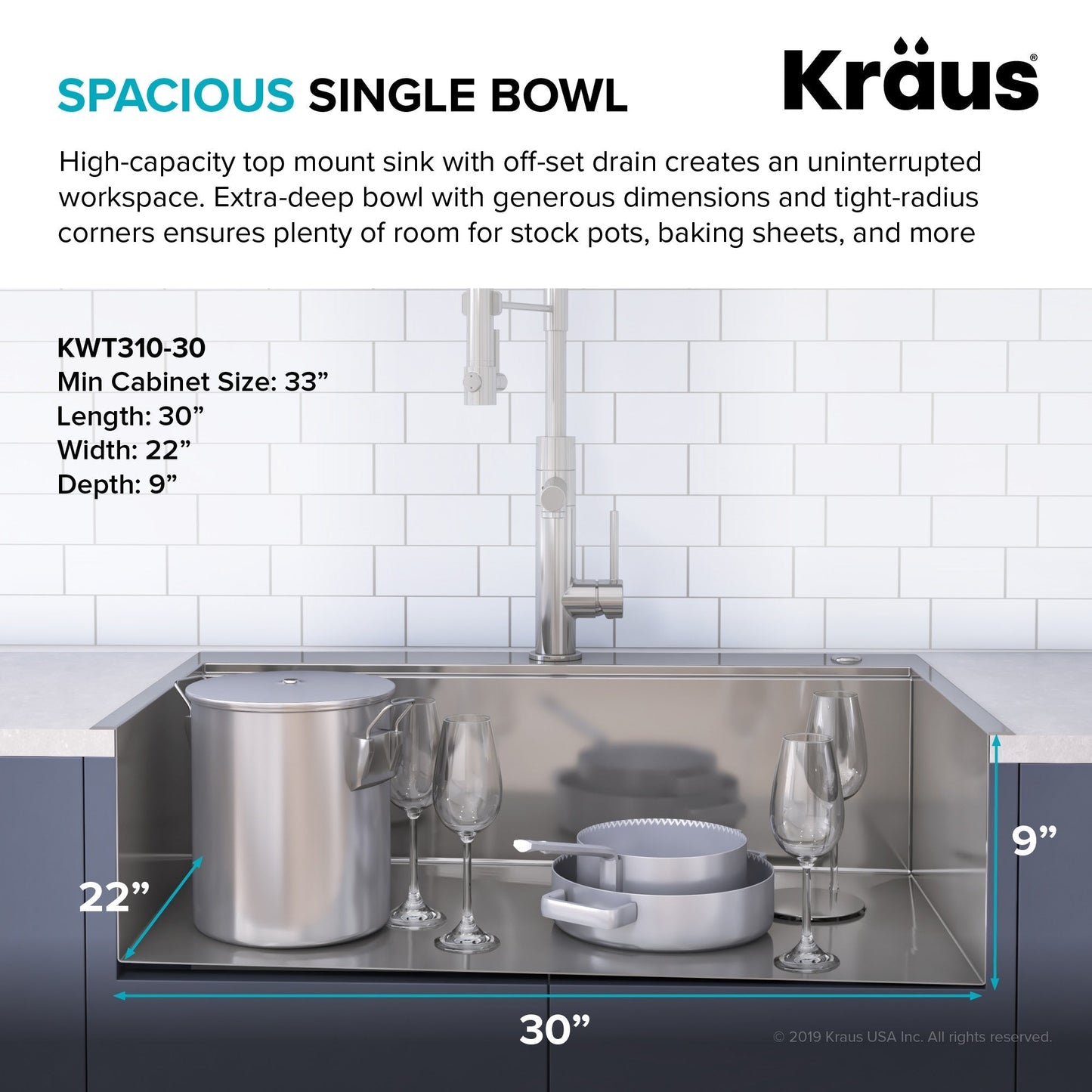 KRAUS Kore 30" Drop-In Workstation 16 Gauge Stainless Steel Single Bowl Kitchen Sink with Accessories - KWT310-30