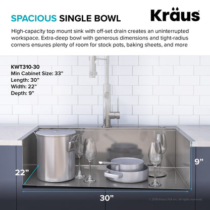 KRAUS Kore 30" Drop-In Workstation 16 Gauge Stainless Steel Single Bowl Kitchen Sink with Accessories - KWT310-30