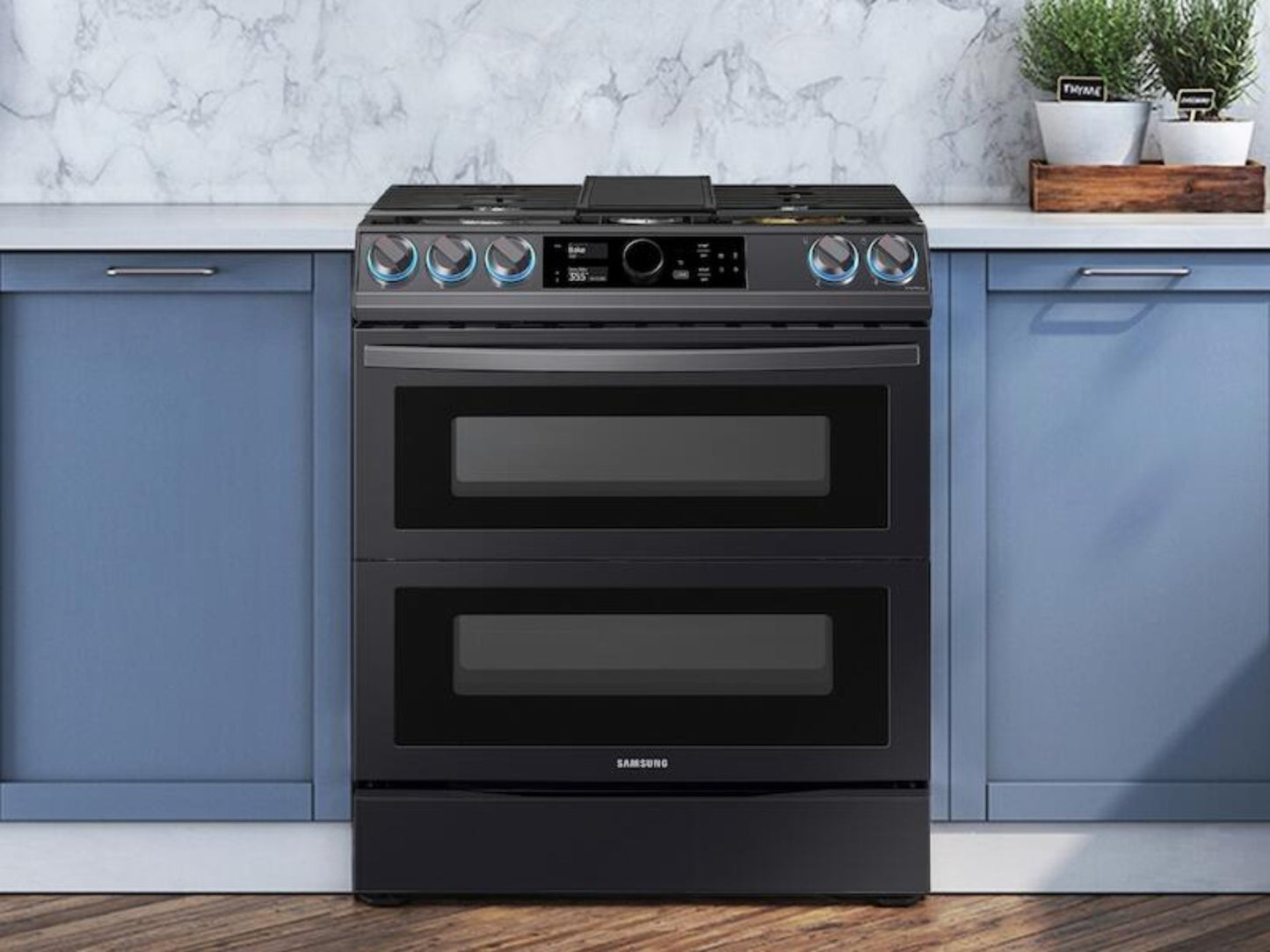 SAMSUNG 6.3 cu ft. Smart Slide-in Gas Range with Flex Duo™, Smart Dial & Air Fry in Black Stainless Steel - NY63T8751SG-KT