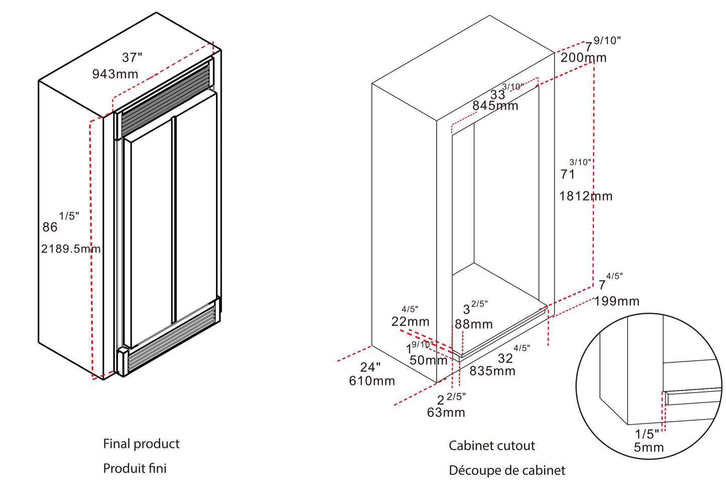 Forno 33-Inch Salerno Side-by-Side Counter Depth Refrigerator 15.6 Cu. Ft. in Stainless Steel with Professional Handle & 4” Decorative Grille  - FFRBI1805-37SG