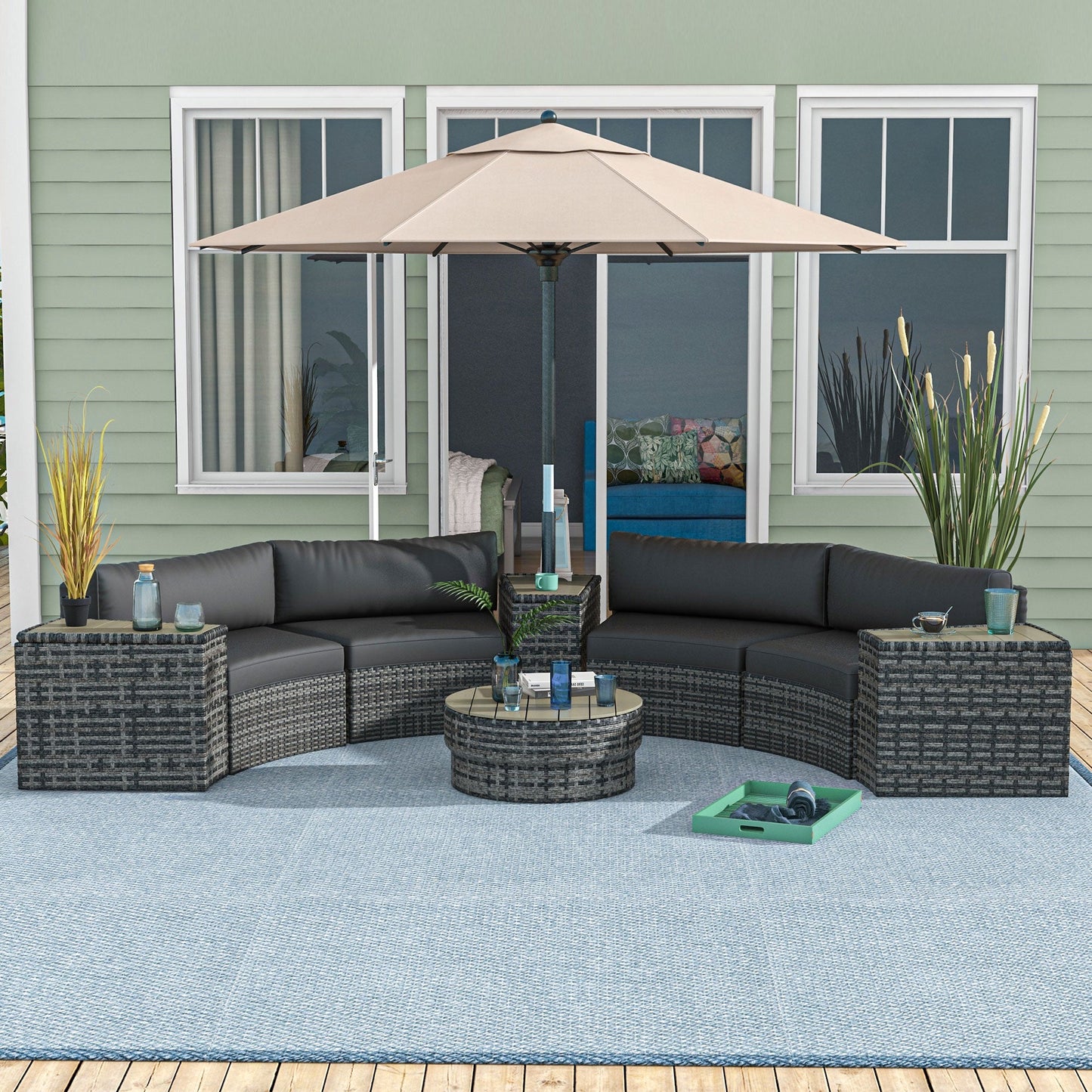 Outsunny 8PC Outdoor Conversation Set w/ 4 Rattan Sofa Chairs, 4 Tables & Umbrella Hole, Mixed Gray - 860-310V00GY