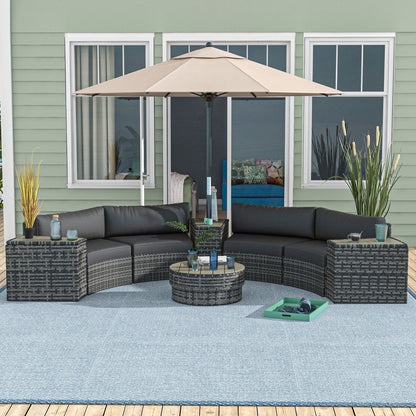 Outsunny 8PC Outdoor Conversation Set w/ 4 Rattan Sofa Chairs, 4 Tables & Umbrella Hole, Mixed Gray - 860-310V00GY
