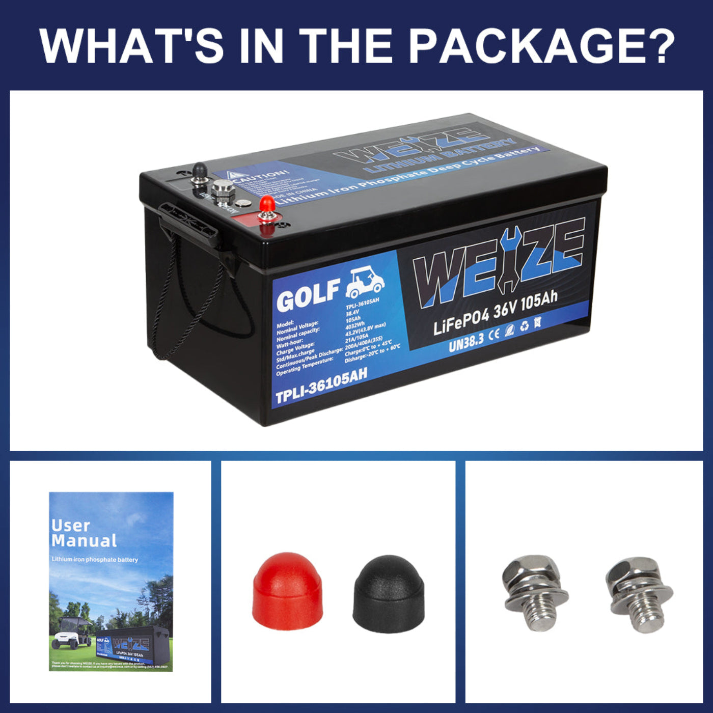 WEIZE 38.4V 105AH LiFePO4 Golf Cart Battery, 4032Wh Bluetooth Lithium Battery - BAC-0116