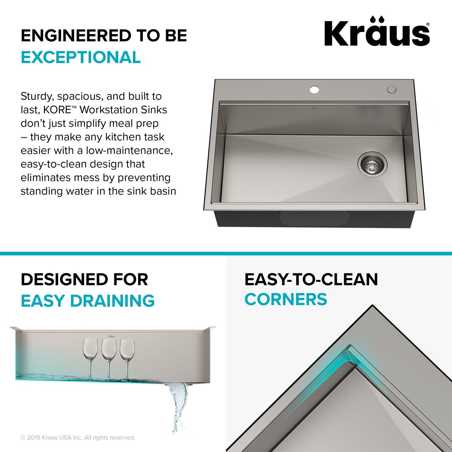 KRAUS Kore 30" Drop-In Workstation 16 Gauge Stainless Steel Single Bowl Kitchen Sink with Accessories - KWT310-30