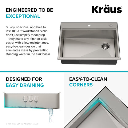 KRAUS Kore 30" Drop-In Workstation 16 Gauge Stainless Steel Single Bowl Kitchen Sink with Accessories - KWT310-30