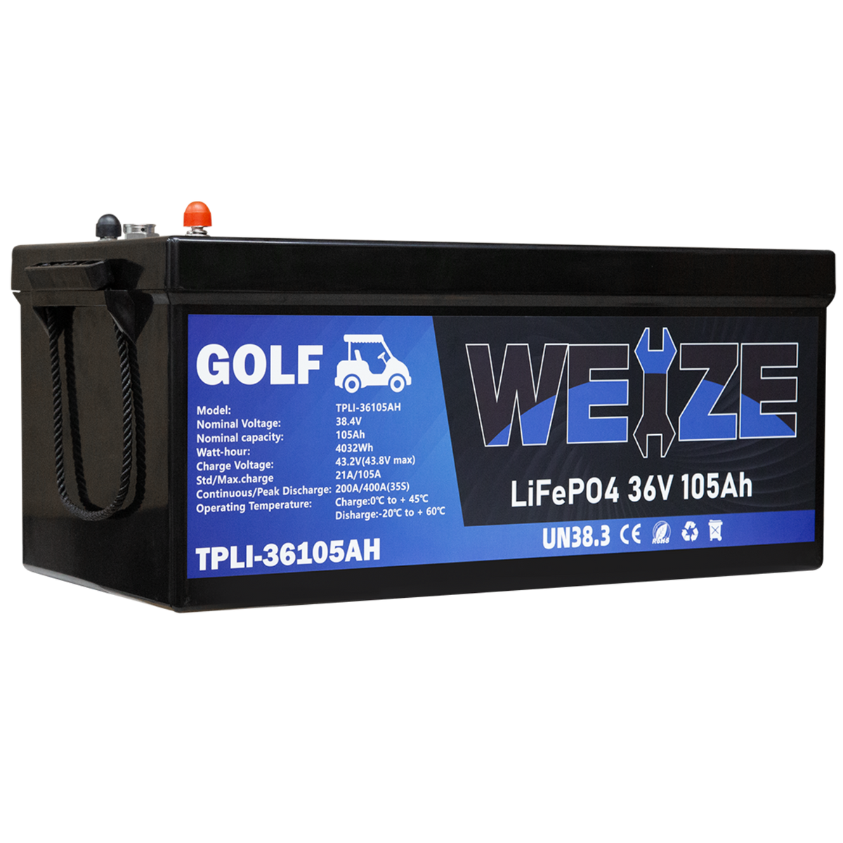 WEIZE 38.4V 105AH LiFePO4 Golf Cart Battery, 4032Wh Bluetooth Lithium Battery - BAC-0116