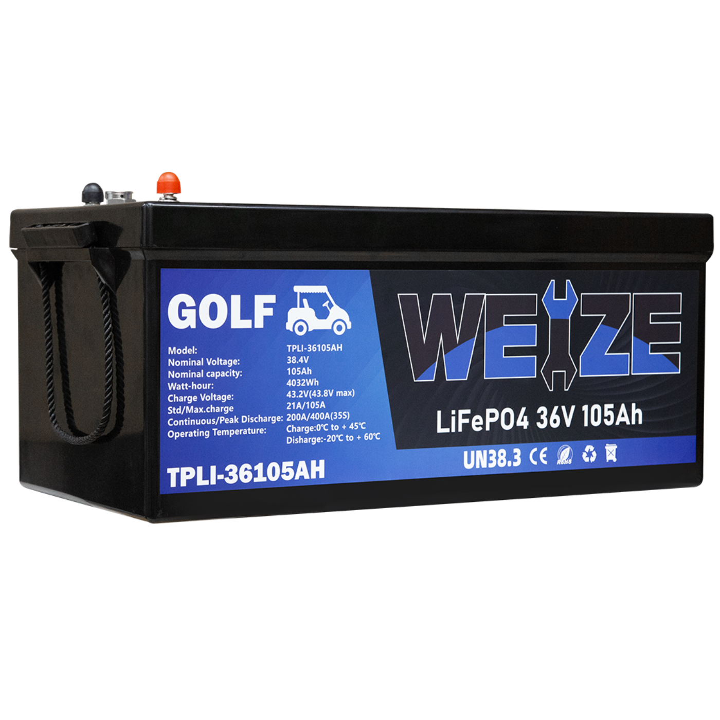 WEIZE 36V(38.4V) 105AH LiFePO4 Golf Cart Battery, 4032Wh Bluetooth Lithium Battery, 8000+ Cycles with 200A BMS, 10 Years Warranty - BAC-0116