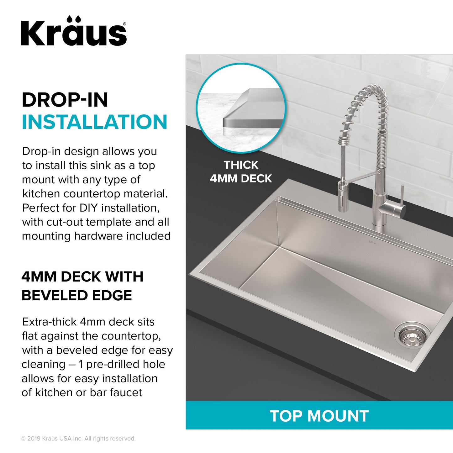 KRAUS Kore 30" Drop-In Workstation 16 Gauge Stainless Steel Single Bowl Kitchen Sink with Accessories - KWT310-30