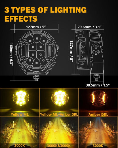 Auxbeam V-ULTRA Series 6/8 Pcs 5 Inch 172W LED Side Shooter Amber DRL with Power Harness - GP00011308