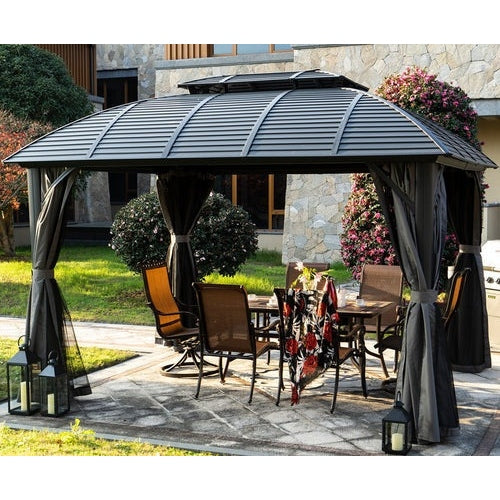 Kozyard Odyssey 10'x12' Hardtop Aluminum Permanent Gazebo with a Mosquito Net Sidewall and Privacy Wall Odyssey 10'x12' - KZOHG1012