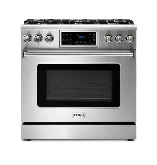 Thor Kitchen 2-Piece Appliance Package - 36-Inch Propane Gas Range, Tilt Panel & Premium Wall Mount Hood in Stainless Steel - AP2-TRG36B-LP