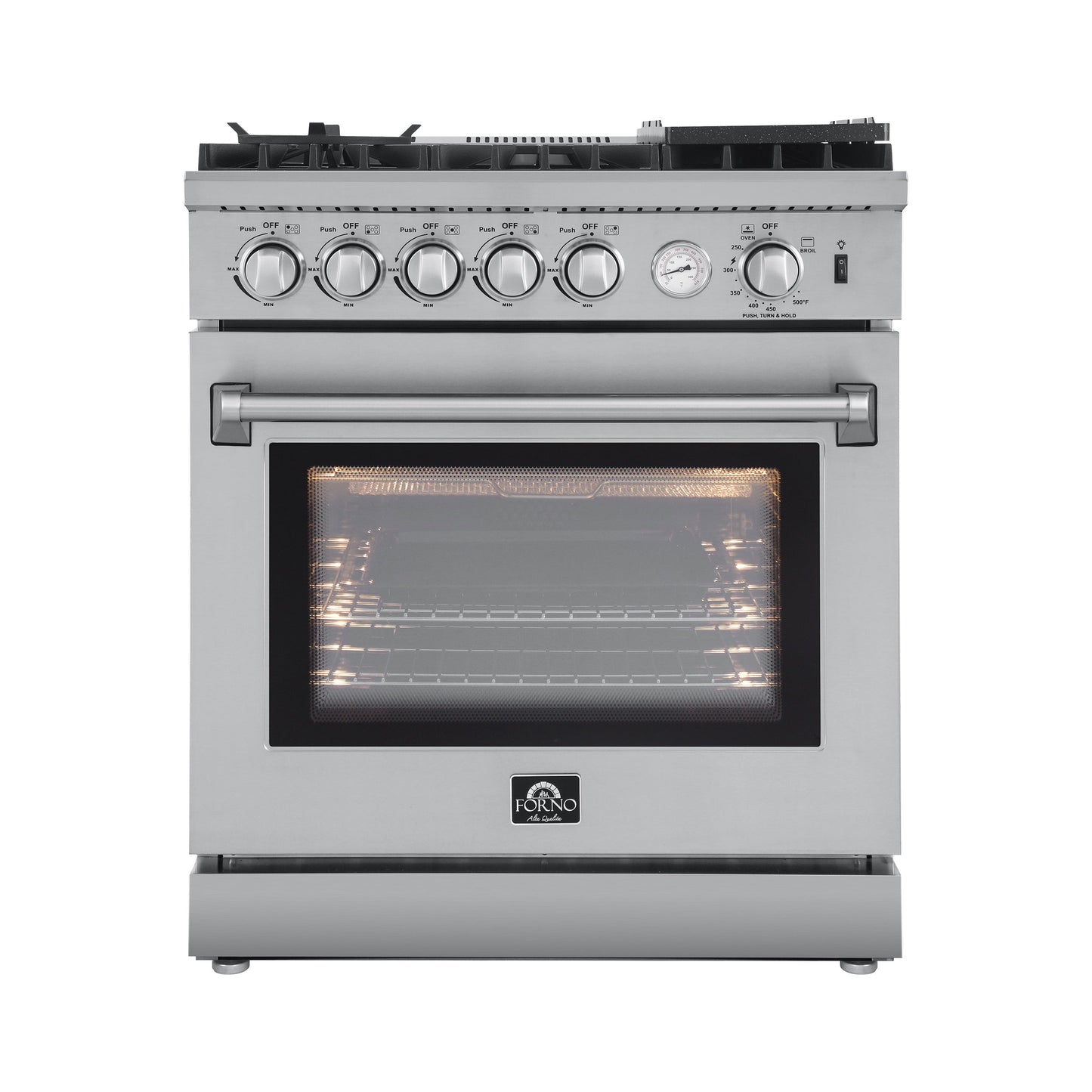 Forno 4-Piece Appliance Package - 30-Inch Gas Range with Air Fryer, Refrigerator with Water Dispenser, Wall Mount Hood, & 3-Rack Dishwasher in Stainless Steel - APW4-6276-30-H