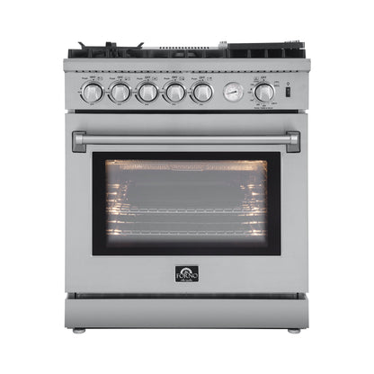 Forno 4-Piece Appliance Package - 30-Inch Gas Range with Air Fryer, Refrigerator, Wall Mount Hood, & 3-Rack Dishwasher in Stainless Steel - APR4-6276-30-H