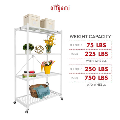 Origami 3-Pack R5-06W 4-Wheel 4-Shelf Folding Steel Wire Shelving Storage, White - 415204
