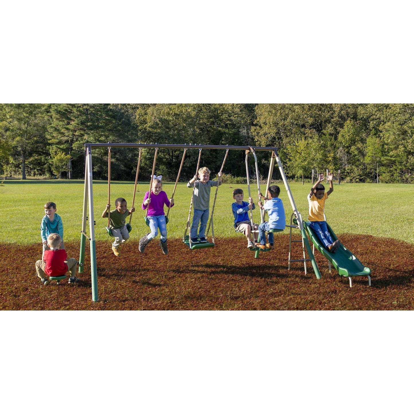 XDP Recreation Crestview Outdoor Swing Set w/ Slide, Glider, 3 Swings, & See Saw - 102127