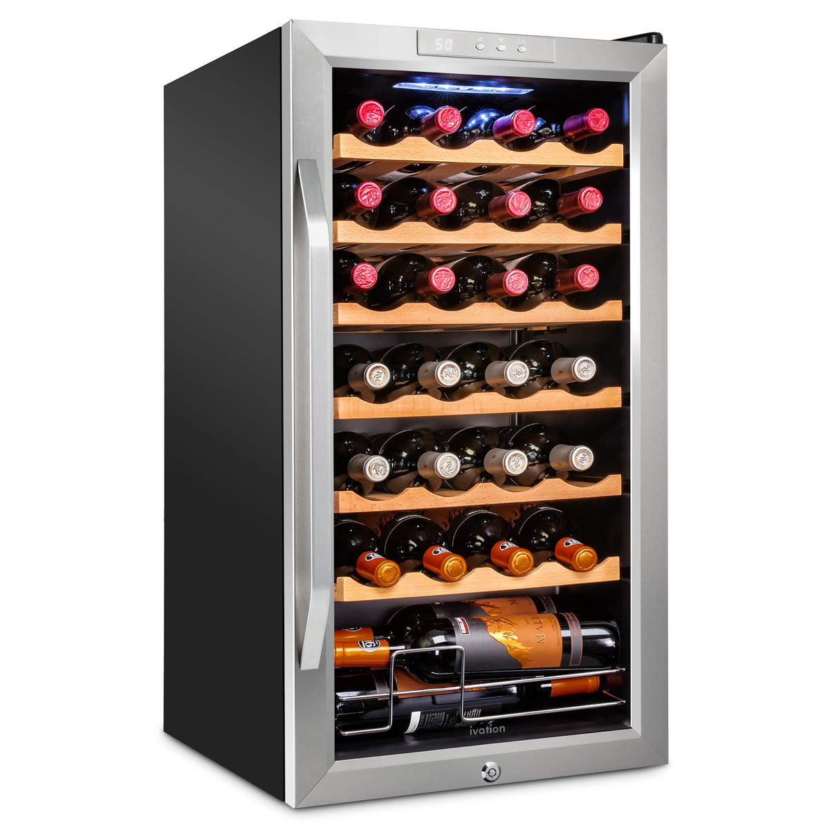 Ivation 28 Bottle Compressor Wine Refrigerator, Freestanding Wine Cooler with Lock, Stainless Steel - IVFWCC281LWSS