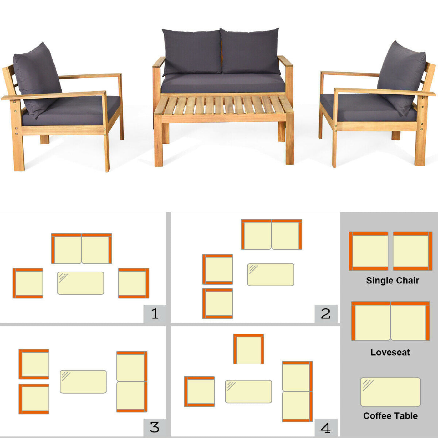 Costway Patio Furniture Set 4 Pieces Acacia Wood with Water Resistant Cushions New - HW69256GR+