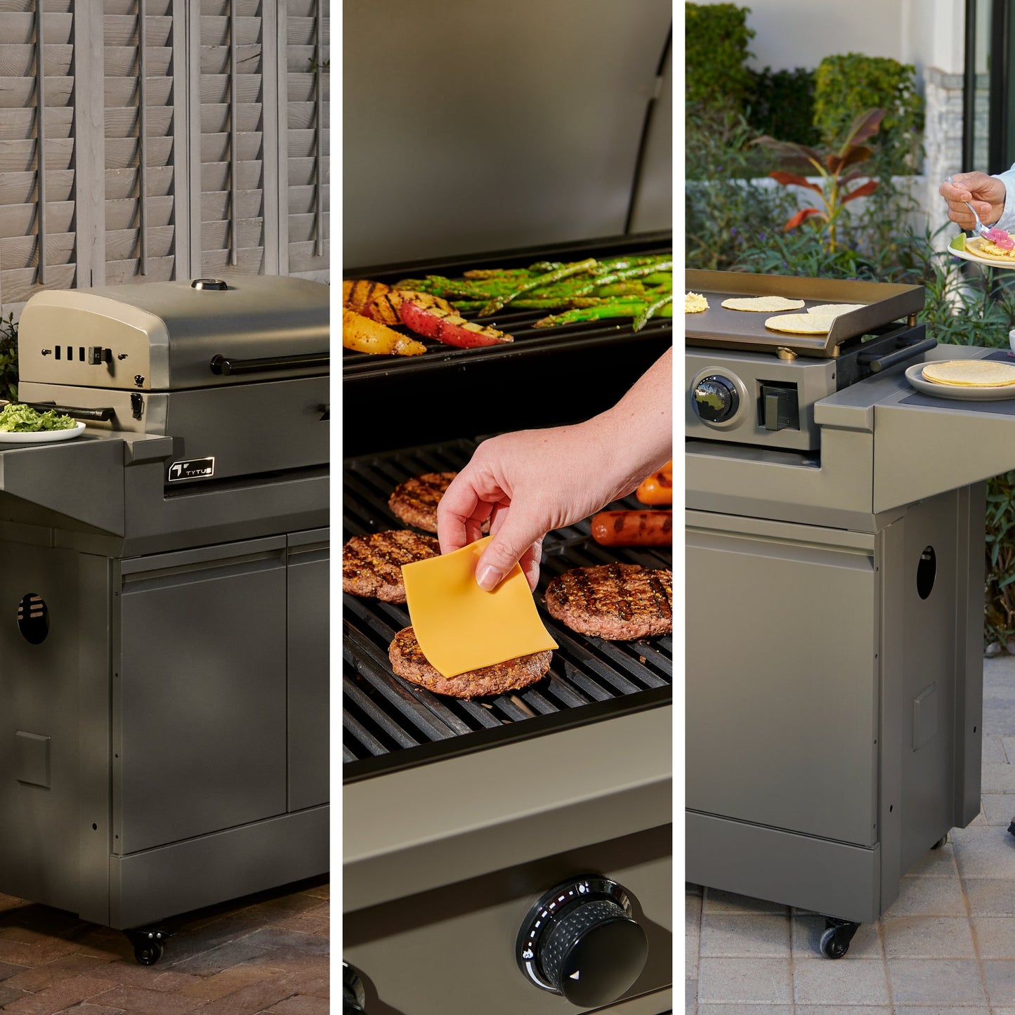 TYTUS Modular Grilling Collection 4-Burner Gas Grill, Charcoal Grill with Cart and Gas Griddle with Cart - TDT-BUN-010