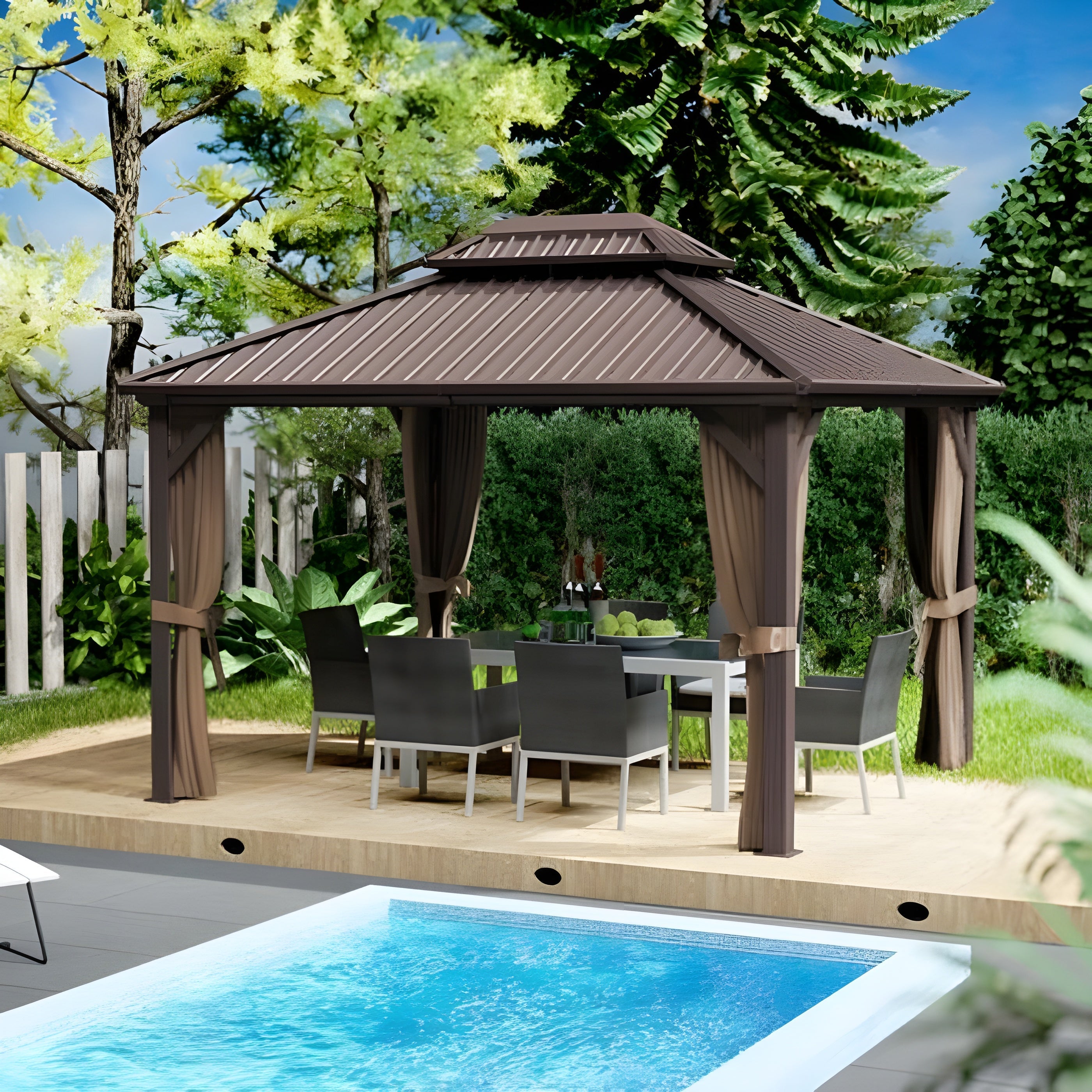 Kozyard Hardtop Gazebo - Permanent Metal Pavilion with Netting and Shaded Curtains for Patio, Backyard, and Deck - Galvanized Steel Outdoor Aluminum Canopy, Double Roof Gazebo - KZCHG1010GY