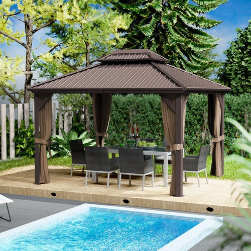 Kozyard Hardtop Gazebo - Permanent Metal Pavilion with Netting and Shaded Curtains for Patio, Backyard, and Deck - Galvanized Steel Outdoor Aluminum Canopy, Double Roof Gazebo - KZCHG1010GY